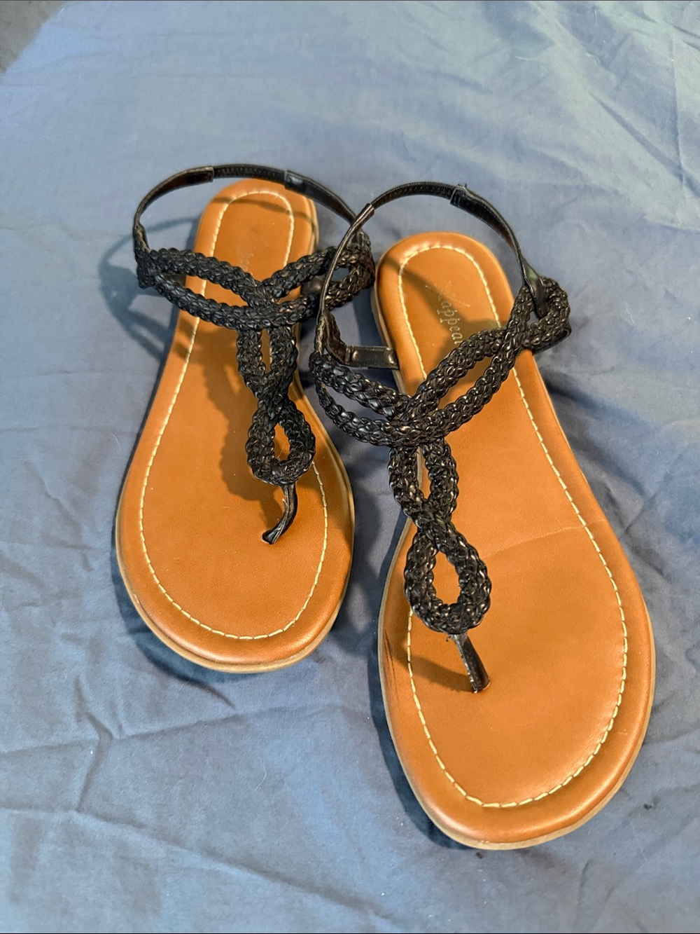 Xappeal Black Braided Thong Sandals with Tan Footbed